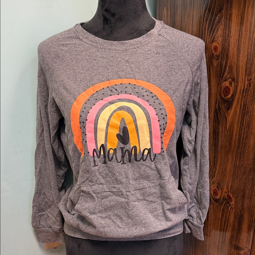 Gray Long Sleeve 'Mama' T-shirt with Rainbow Design w/ front pocket.